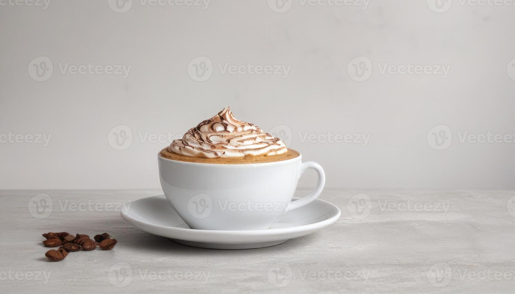 A cup of coffee with whipped cream on top sits on a white plate photo