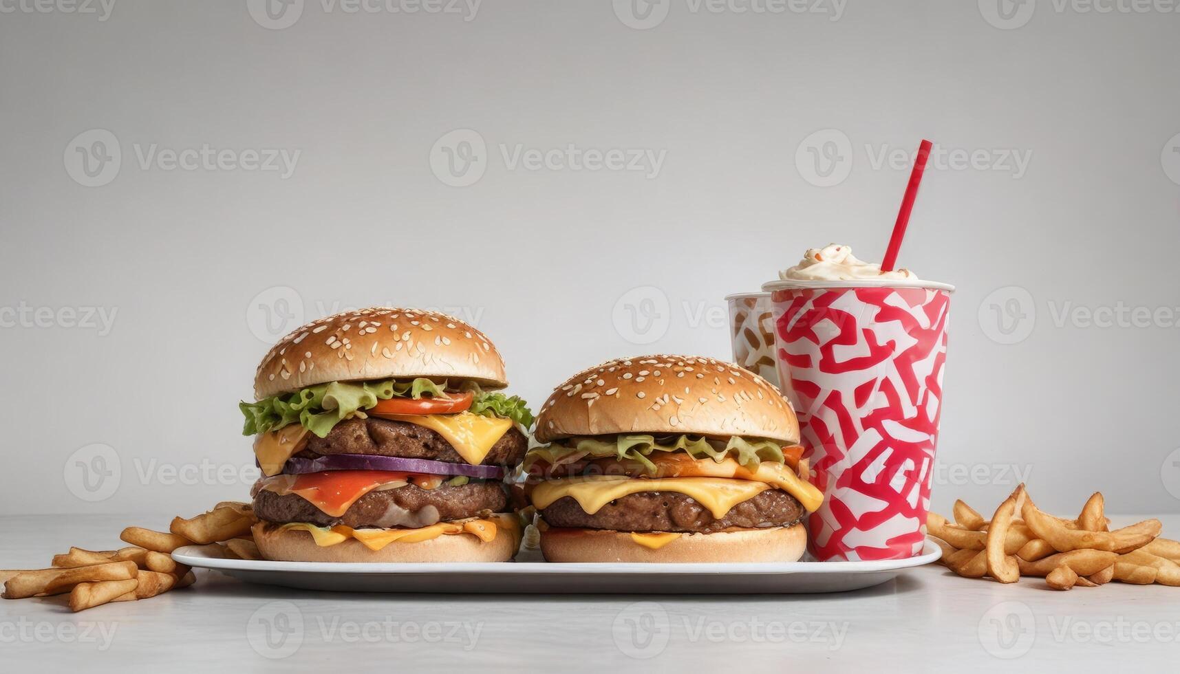 Two large hamburgers with cheese and onions on top, a large french fry photo