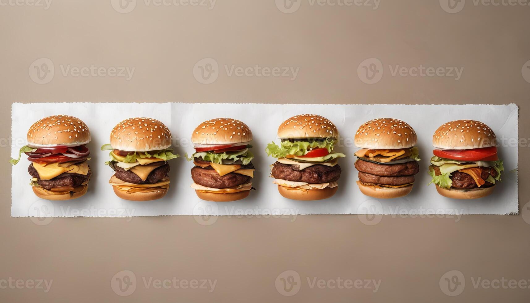 A row of six hamburgers with different toppings photo