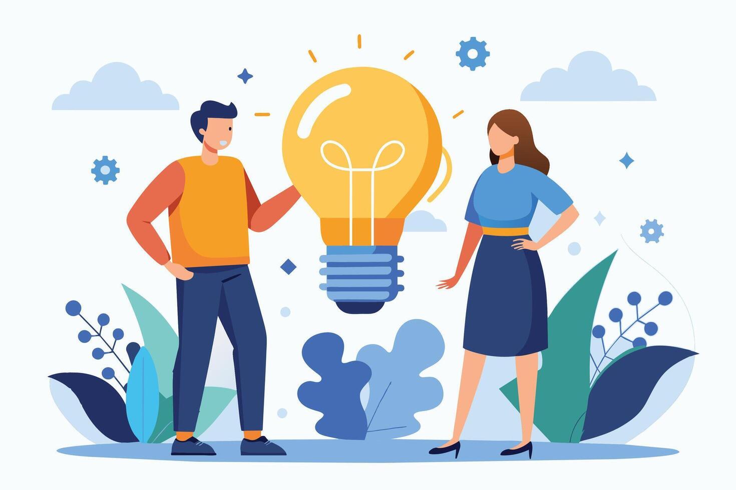 A man and a woman stand side-by-side in front of a large light bulb symbolizing their shared idea. They both have positive expressions on their faces and look energized. vector