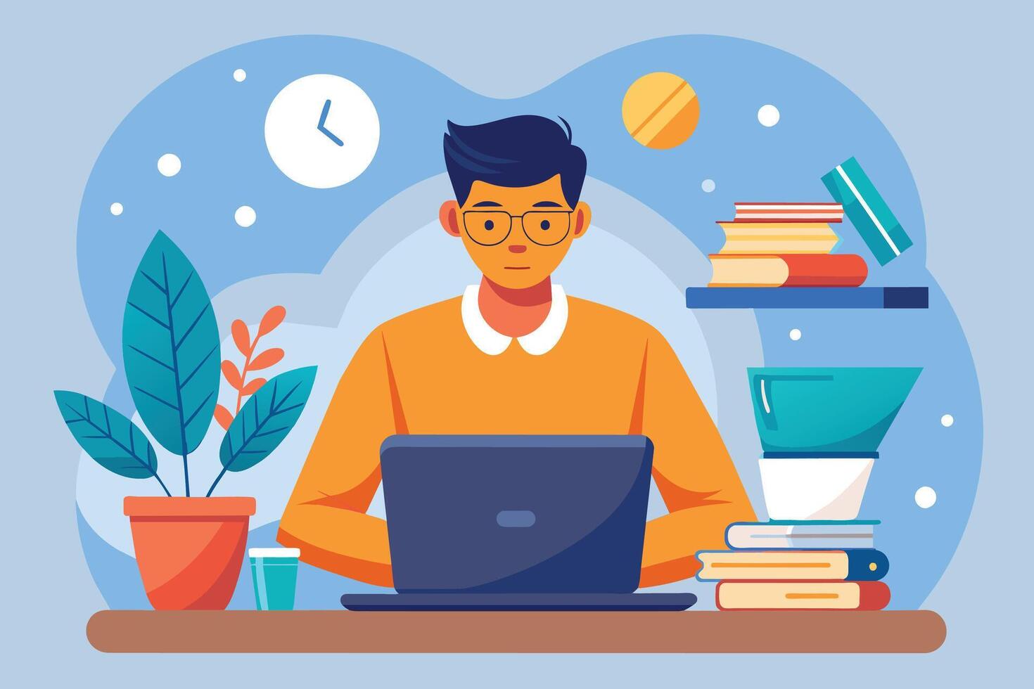A young man wearing glasses is working on a laptop at his desk in his home office. There are books on a shelf and plants on the desk. vector