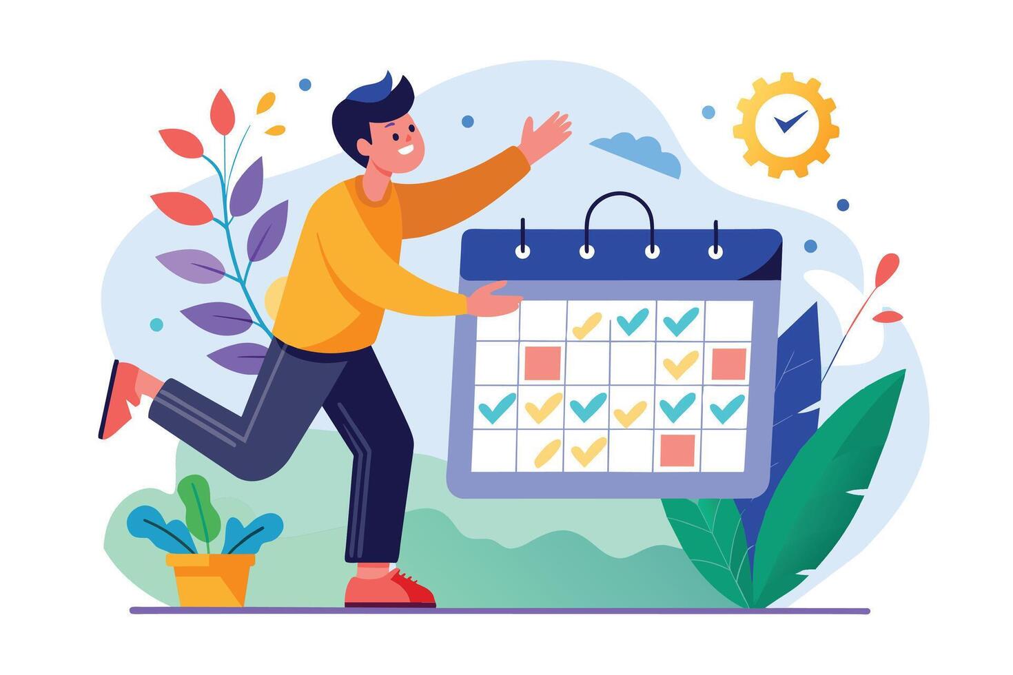 A smiling man runs with a calendar, holding it out in front of him. The calendar is full of checkmarks, indicating that all tasks and appointments are complete. vector