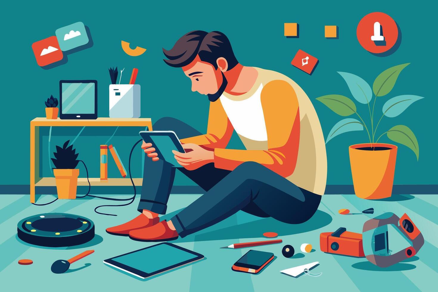 A man sits on the floor using a tablet, surrounded by various electronics, including a robot vacuum, a smartphone, and other devices. The room has a teal-colored wall, a plant, and a shelf with a TV. vector