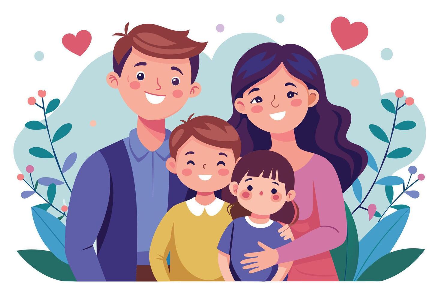 A cartoon illustration of a happy family with two parents and two children smiling and looking at the camera. They are surrounded by flowers and hearts. vector