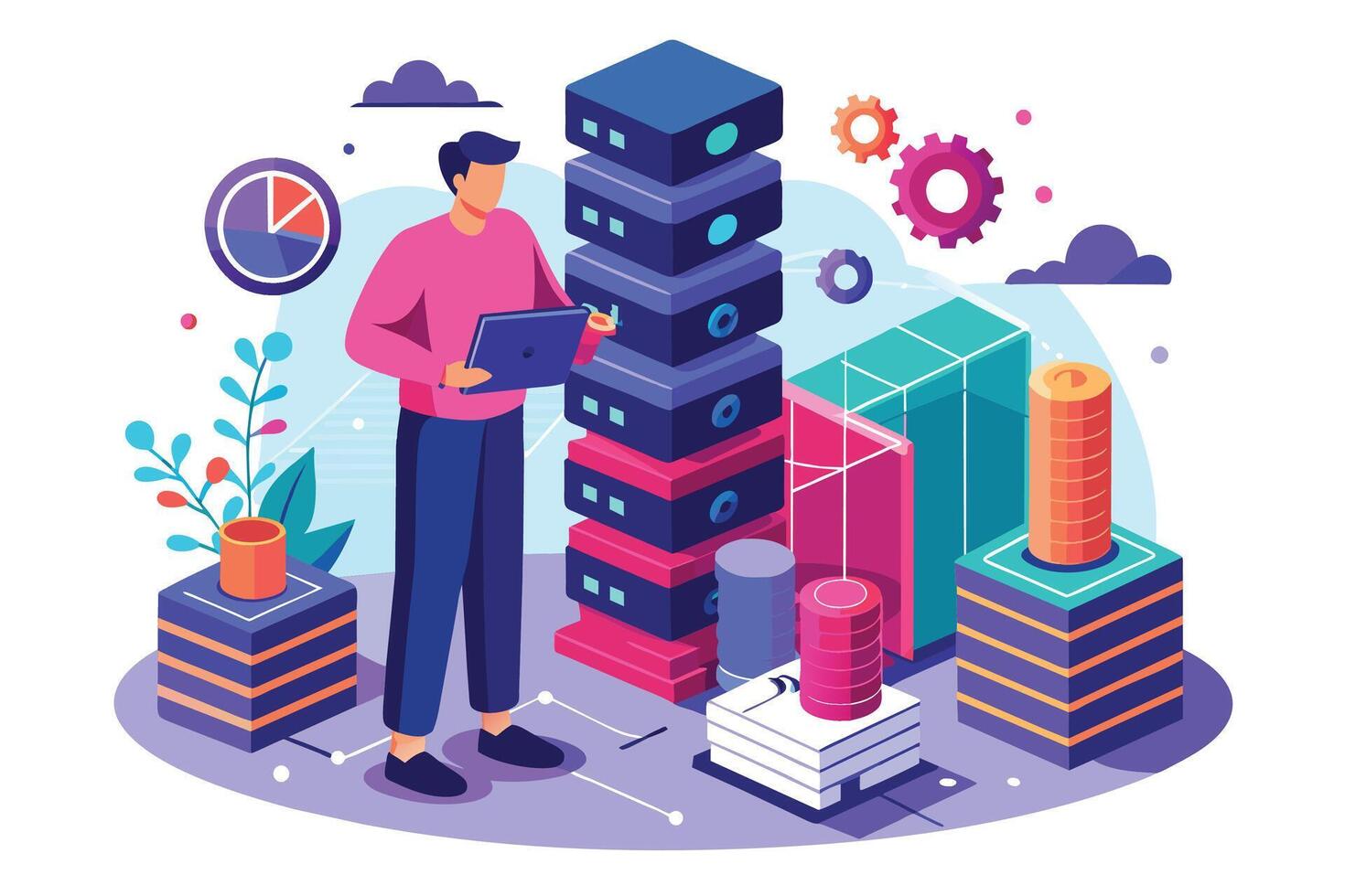 An illustration of a man working with servers and data in a cloud computing environment. The man is holding a laptop and interacting with a tall stack of servers, surrounded by data representations. vector