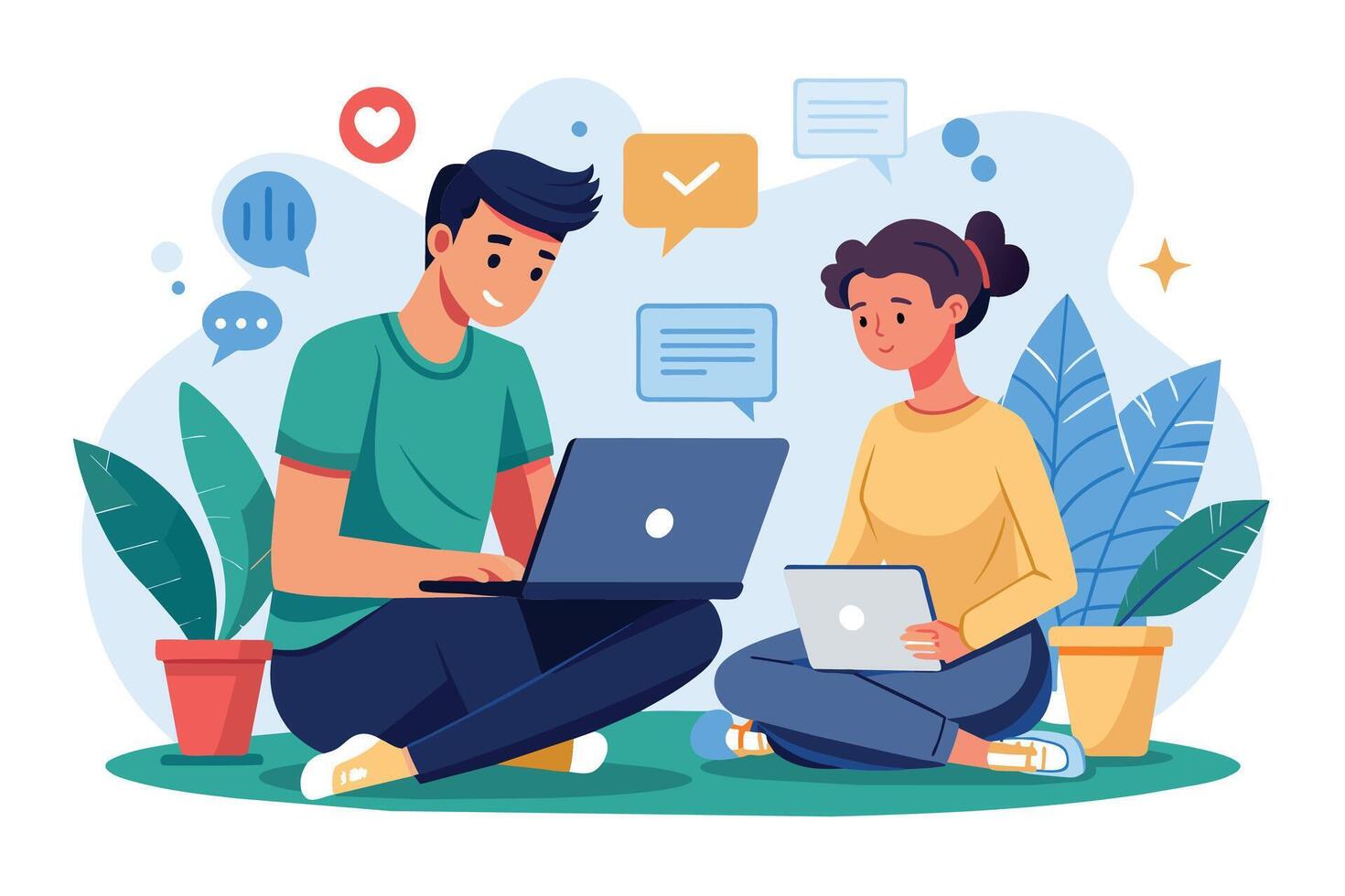 A man and woman sit on the floor, using a laptop and tablet respectively, surrounded by plants and digital messages. vector