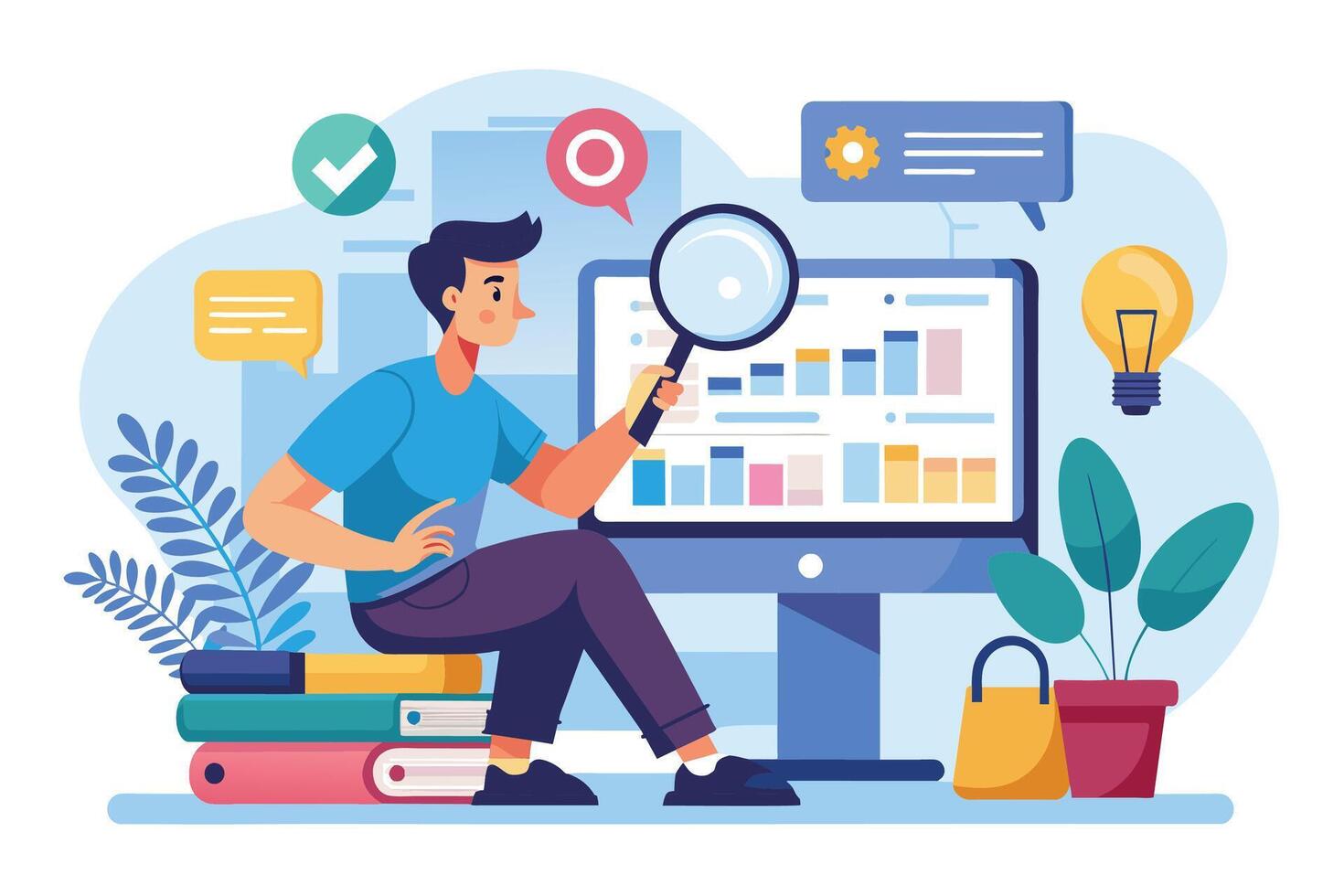 An illustration of a man sitting on a stack of books, analyzing data charts on a computer screen with a magnifying glass. vector