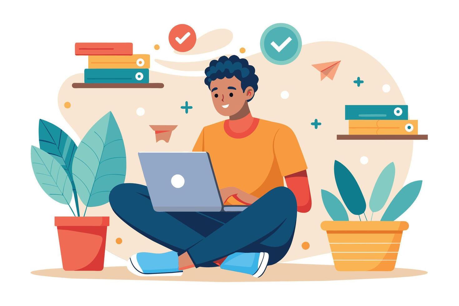 An illustration of a man sitting cross-legged on the floor in a home office setting, using a laptop. vector