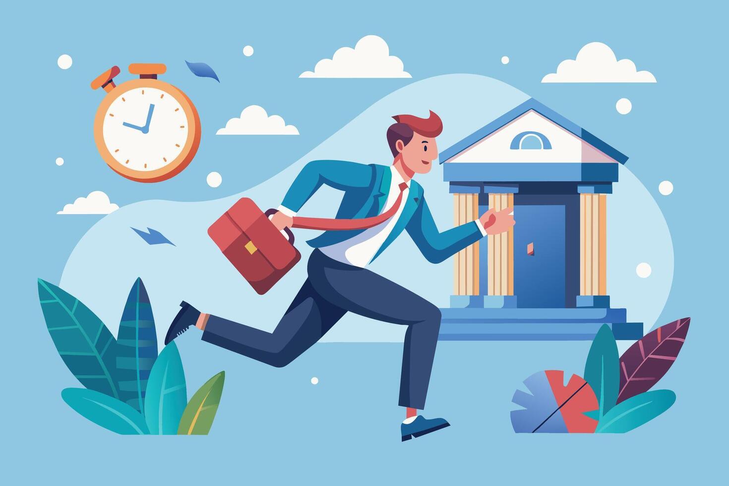 Illustration of a businessman running towards a bank building, briefcase in hand, with a stopwatch in the background. vector