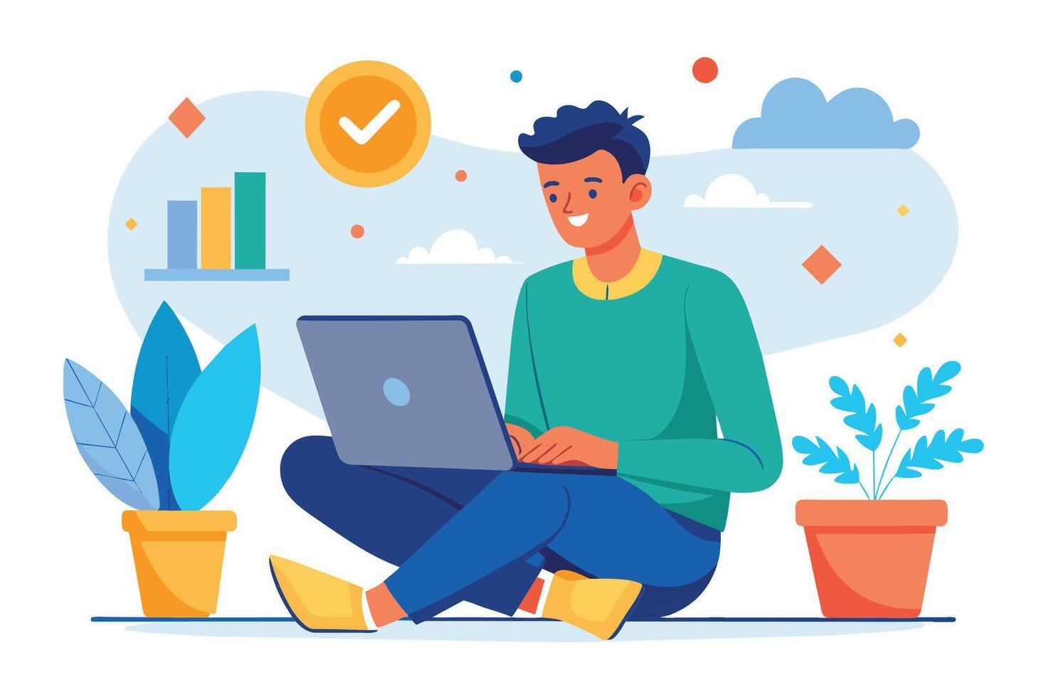 A man sits on the floor and uses a laptop. He smiles and appears happy. There are plants and a checkmark above him. vector