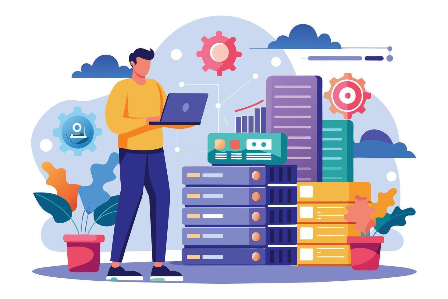 An illustration of a man working on a laptop computer with a data center and servers in the background. vector