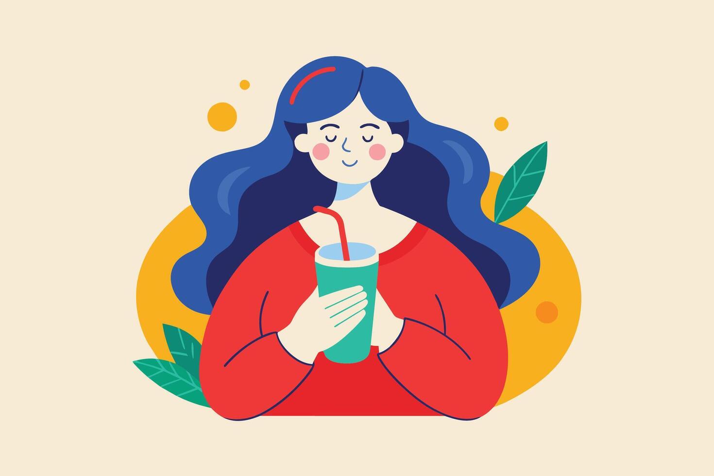 An illustration of a woman with long blue hair, wearing a red sweater, holding a green cup with a straw and taking a sip. She has a happy expression and closed eyes. vector