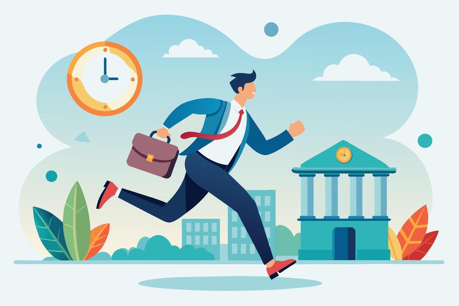 A cartoon illustration of a businessman running late to work. He is carrying a briefcase and is running towards a bank building. vector