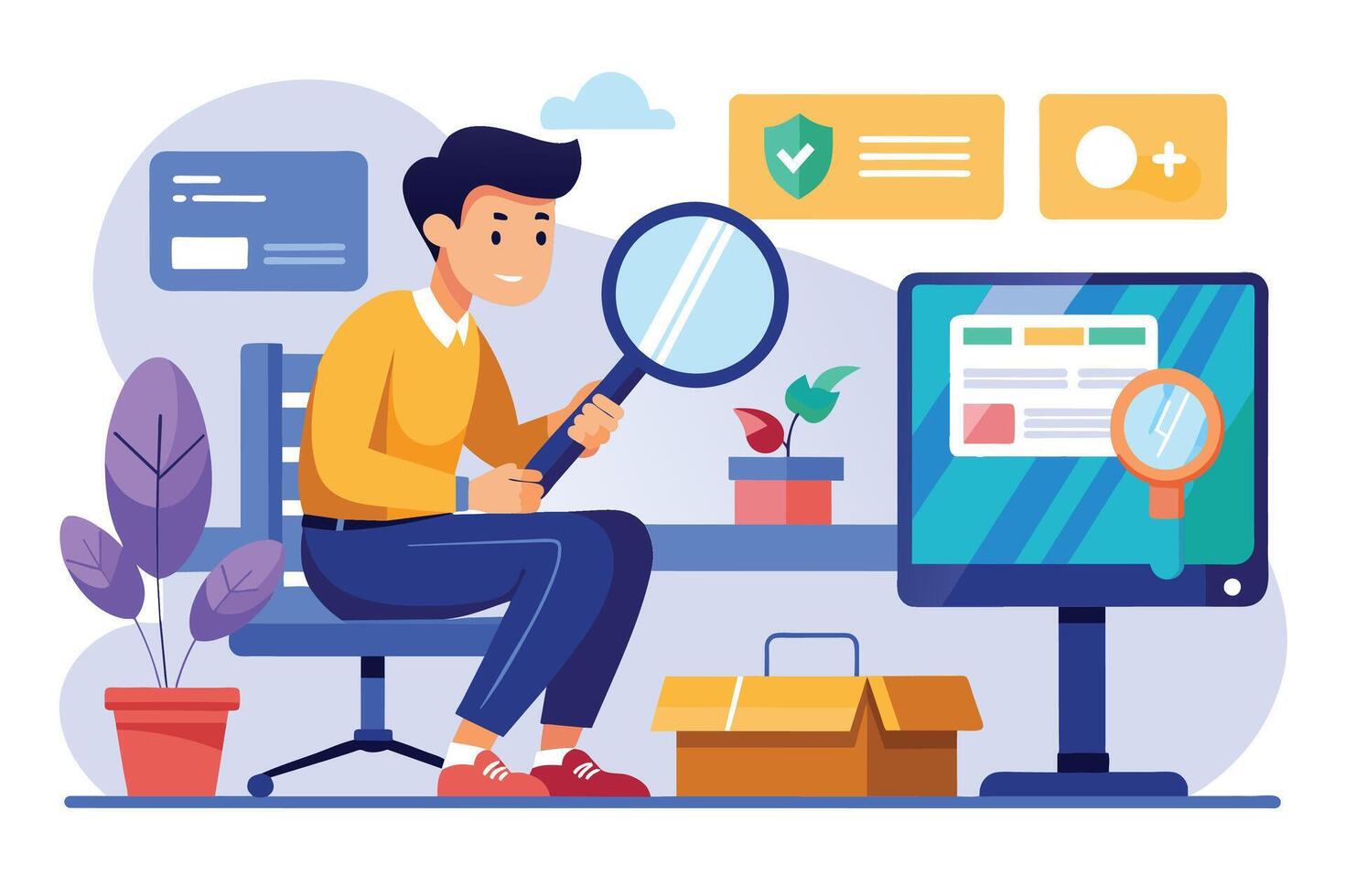 An illustration depicting a man sitting at a desk, looking at a computer screen while holding a magnifying glass. He is examining the website on the screen, perhaps looking for something specific. vector