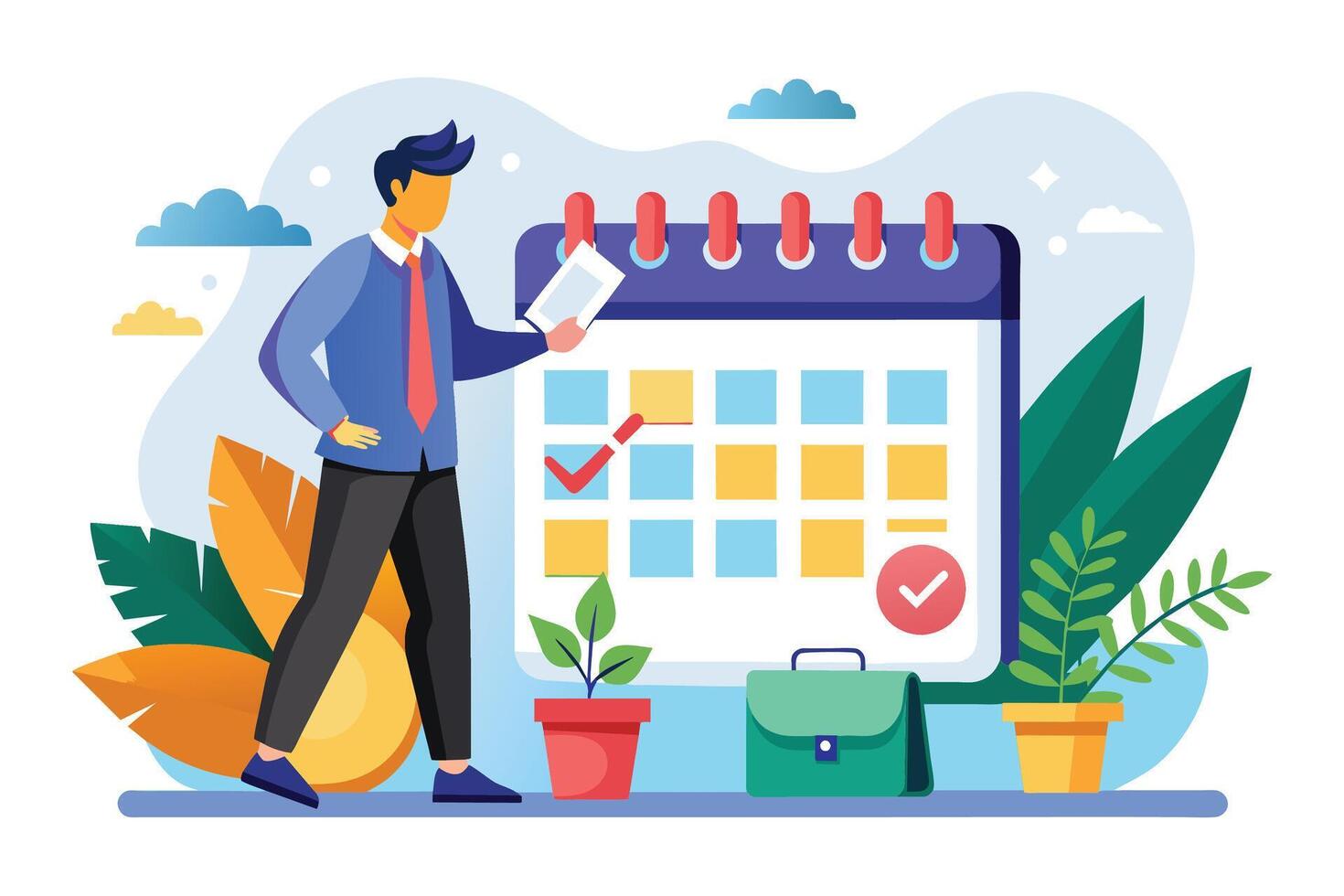 An illustration of a man checking his schedule on a calendar with completed tasks marked by checkmarks. vector