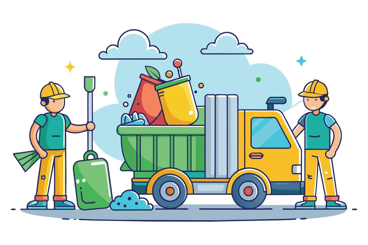 Two cartoon workers, wearing hard hats, are loading trash into a garbage truck on a sunny day. vector