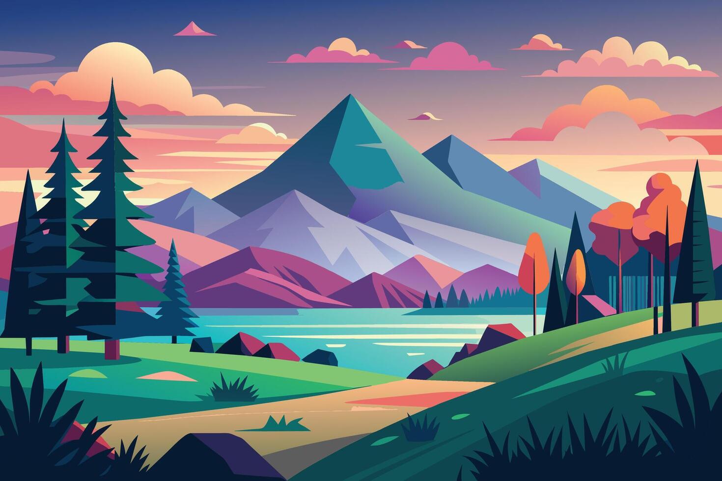 A digital illustration of a colorful mountain landscape with a lake, trees, and a sunset sky. vector