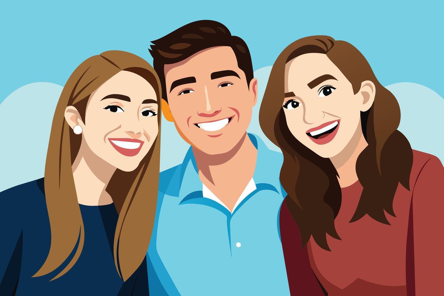 A cartoon illustration of three friends smiling together. The friends are a man and two women. They are all wearing casual clothing and have happy expressions on their faces. vector