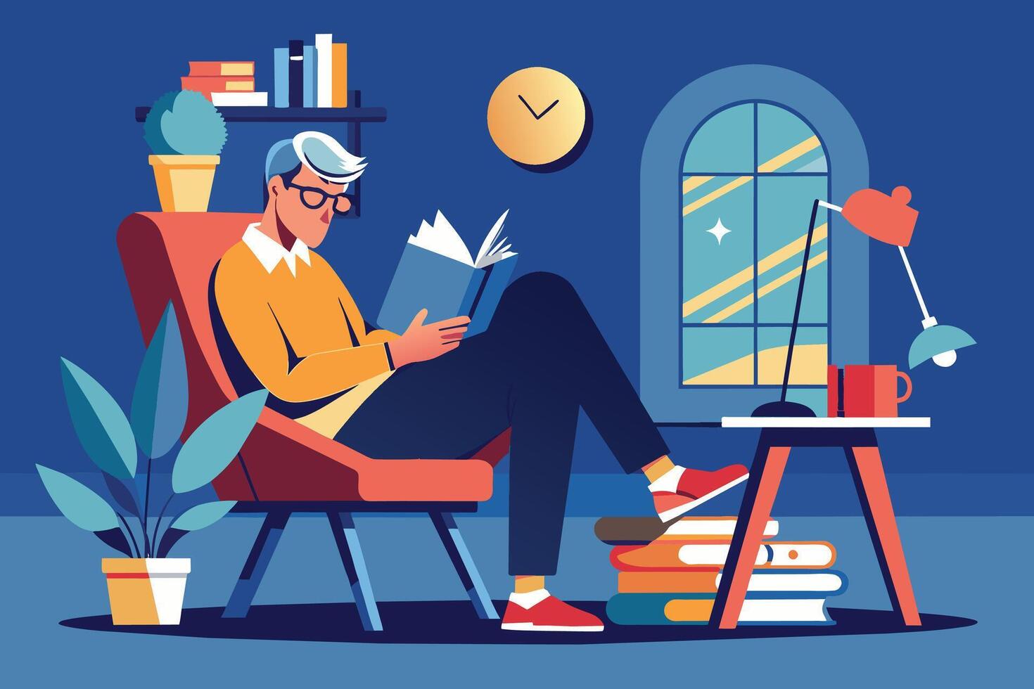 un ilustración de un hombre en un sillón, leyendo un libro con su piernas descansando en un apilar de libros. el escena es conjunto en un acogedor vivo habitación con un lámpara y un ventana con estrellas visible afuera. vector