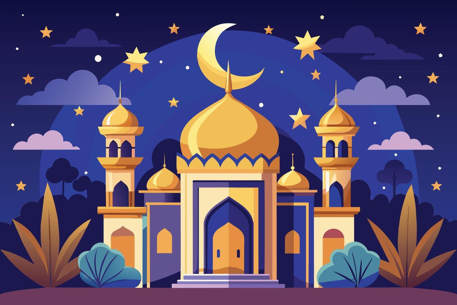 Illustration of a mosque with golden domes and minarets illuminated by a crescent moon and stars in a dark blue night sky. vector