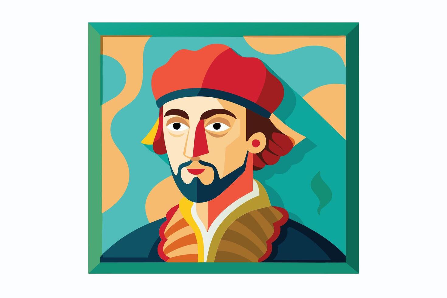 A colorful illustration of a man with a red cap, wearing a blue and gold patterned garment. He is framed in a green square frame against a blue and orange background. vector