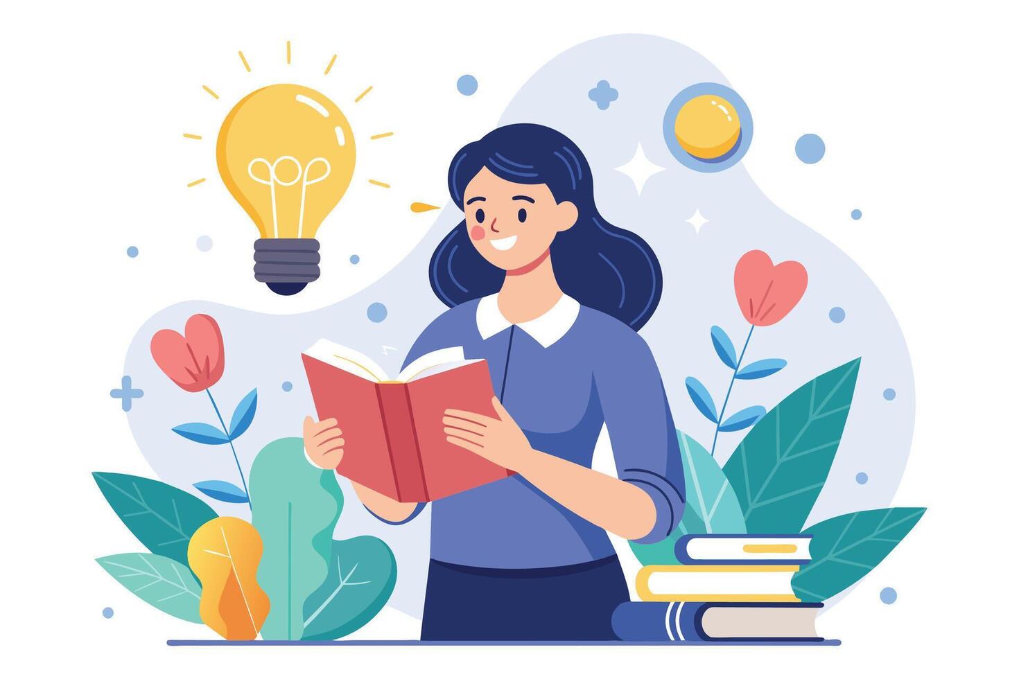 An illustration of a woman reading a book with a lightbulb above her head, surrounded by flowers. vector