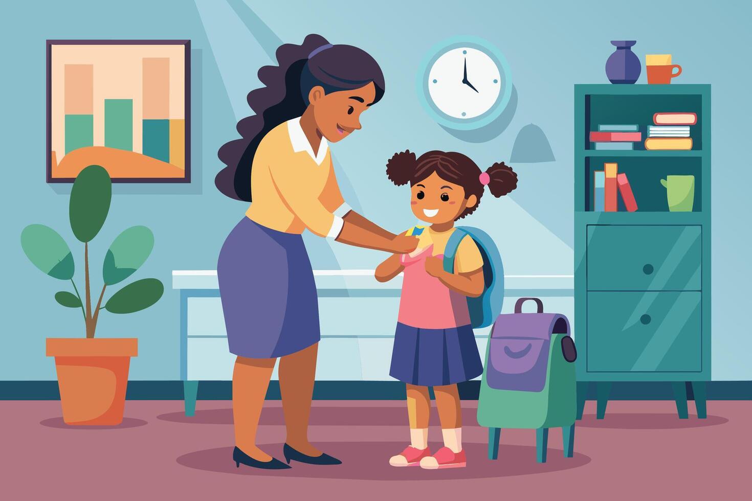 A mother helps her daughter get ready for school in the morning. She is adjusting her daughters clothes while she holds her backpack. vector