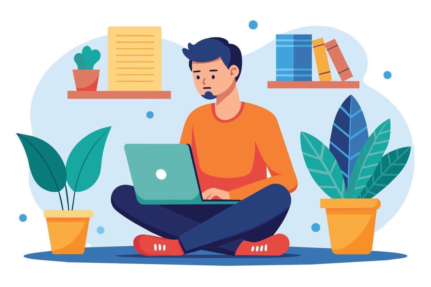 A man sits cross-legged on the floor, using a laptop, with plants and books in the background. vector