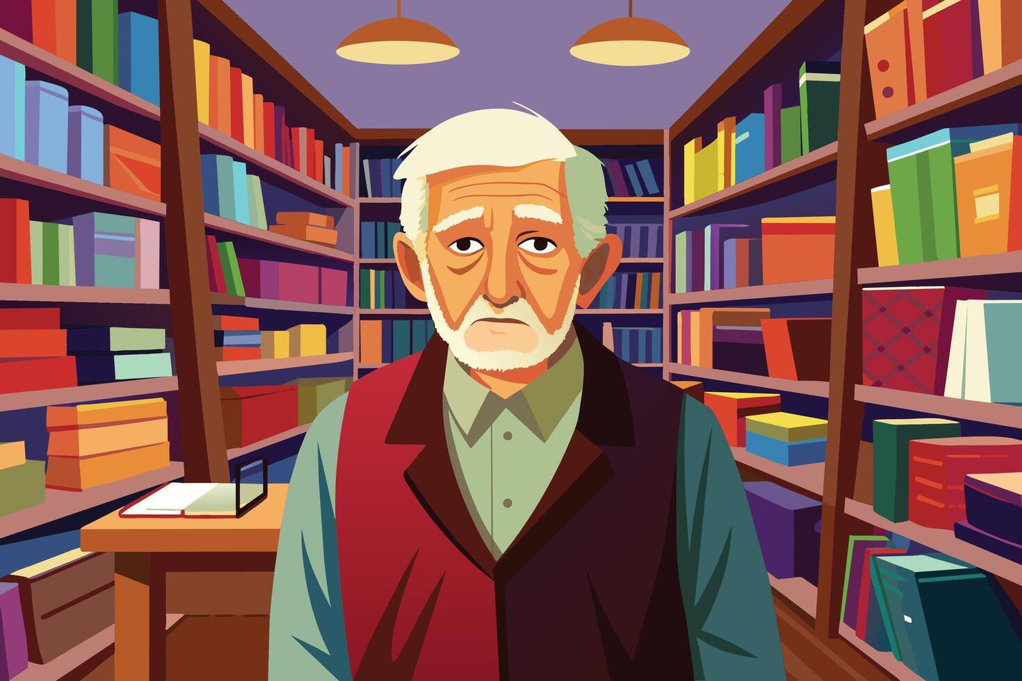 An older man with a white beard stands in a room filled with bookshelves. vector
