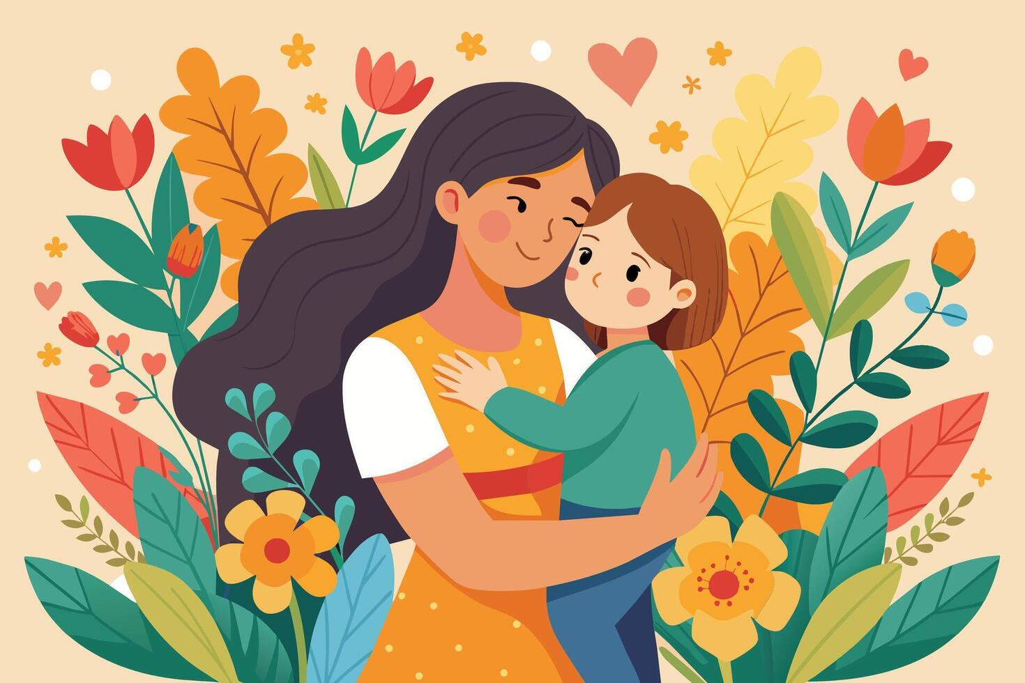 A mother tenderly holds her young daughter in a loving embrace surrounded by a beautiful display of blooming flowers. vector