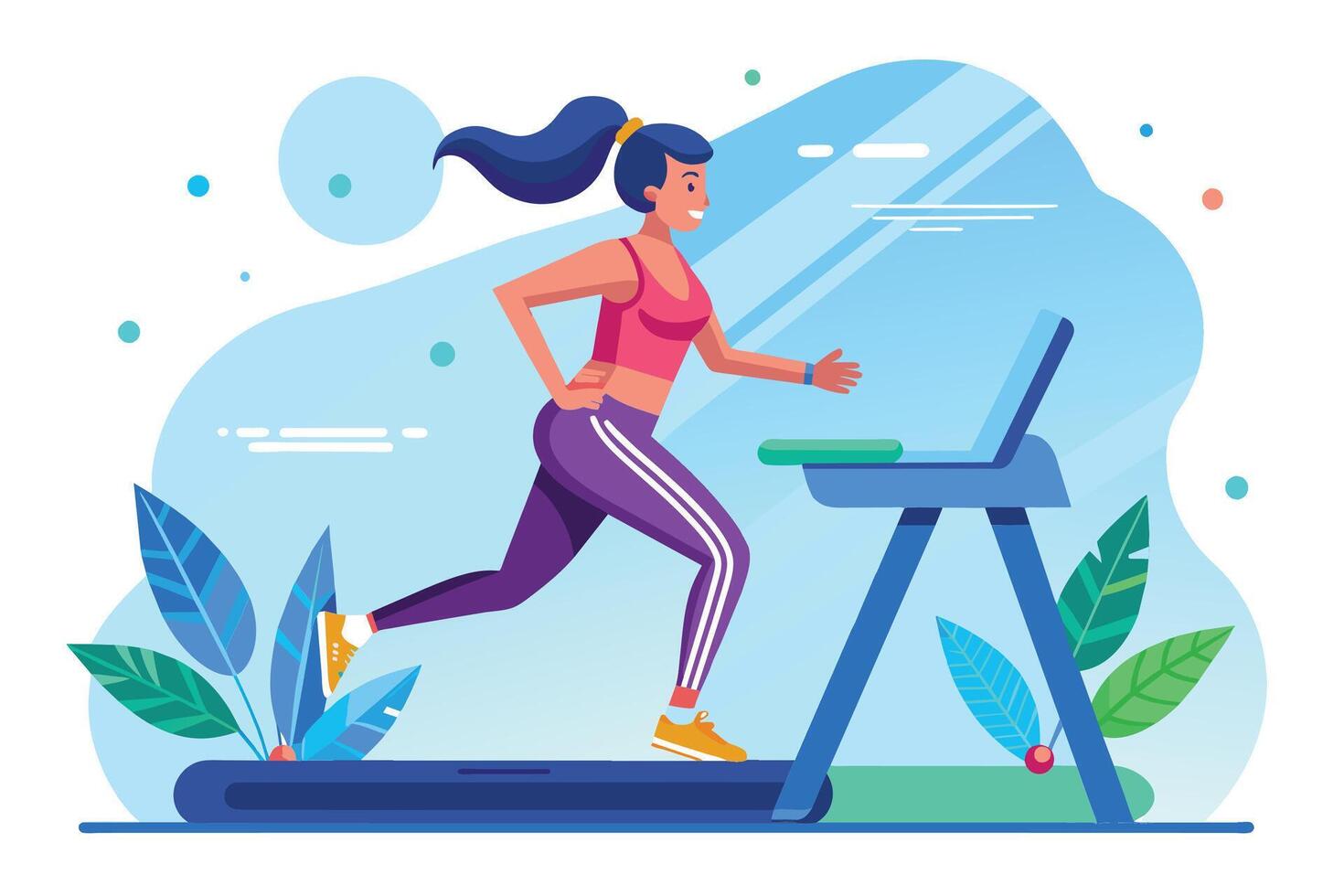 A woman in athletic wear runs on a treadmill during a workout. She has a positive attitude and is enjoying her exercise routine. vector