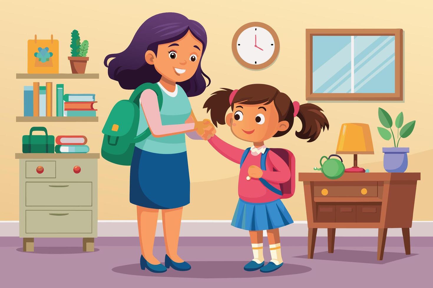 A mother and her daughter, both wearing backpacks, are holding hands in their home before going to school. vector