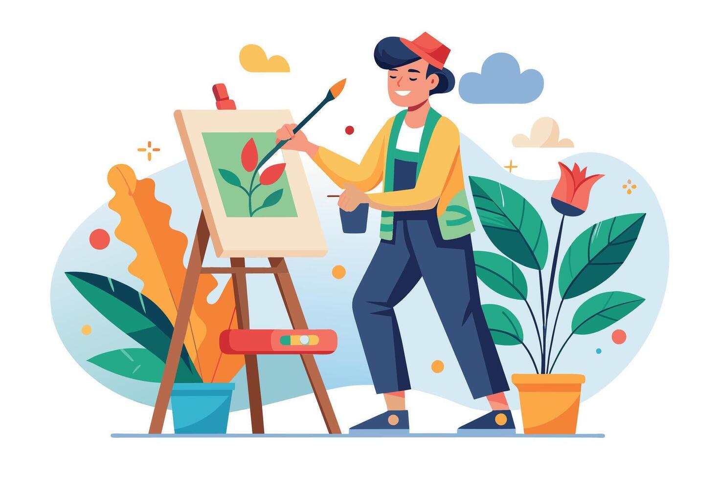 A cheerful artist wearing a red hat stands in front of an easel painting a floral design. vector