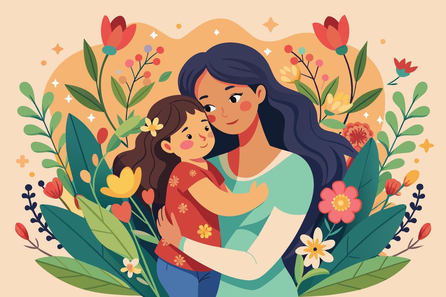 A mother lovingly holds her daughter in a warm embrace, surrounded by colorful spring flowers and greenery. The image evokes feelings of love, family, and the beauty of nature. vector