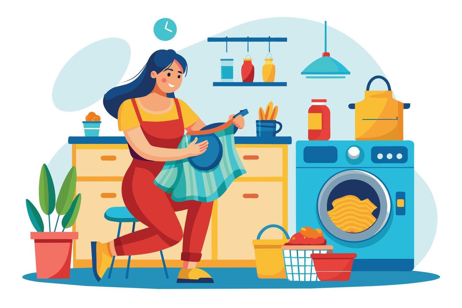 A woman in a red jumpsuit and apron sits on a stool in a kitchen and folds a blue and green striped shirt. A washing machine is in the background. vector