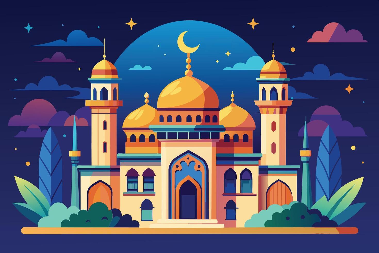 An illustration of a mosque at night with golden domes, minarets, and a crescent moon in the sky. vector