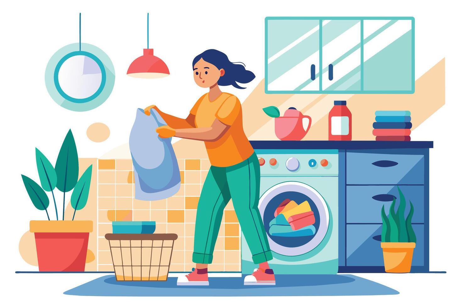 A woman is doing laundry in a kitchen. She is standing in front of a washing machine, holding a towel in her hands. She is looking at the washing machine. vector
