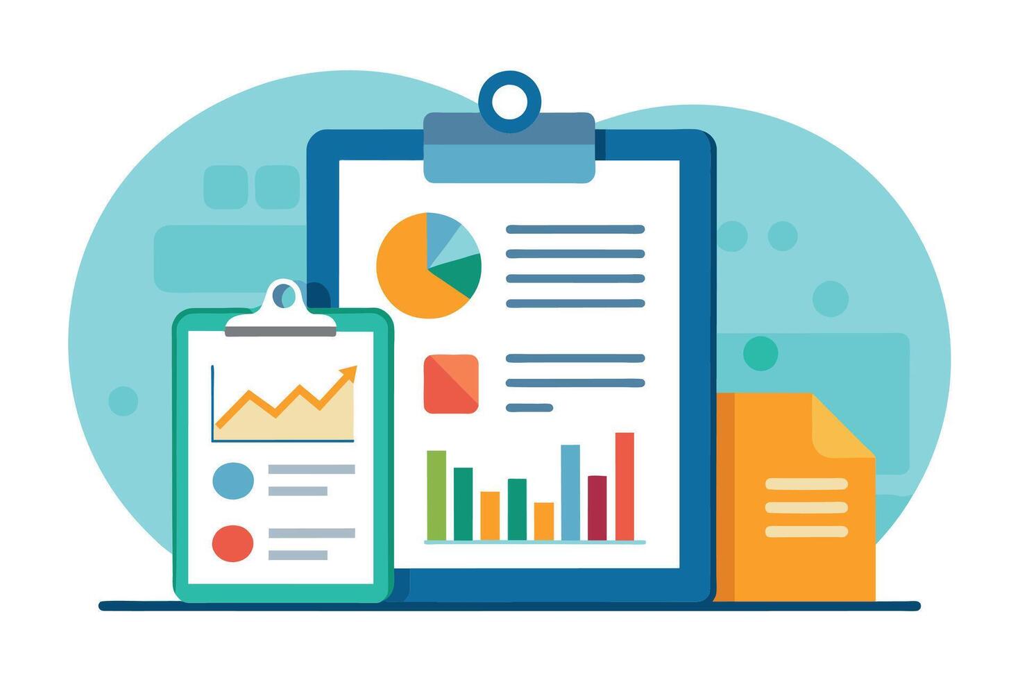 A visual representation of business data analysis displayed on clipboards with graphs, charts, and a document. vector