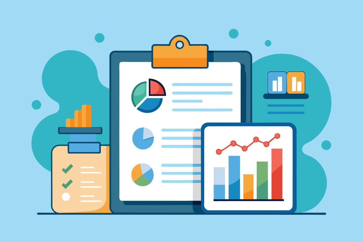This image depicts a digital business analysis report with charts and graphs on a computer screen. vector