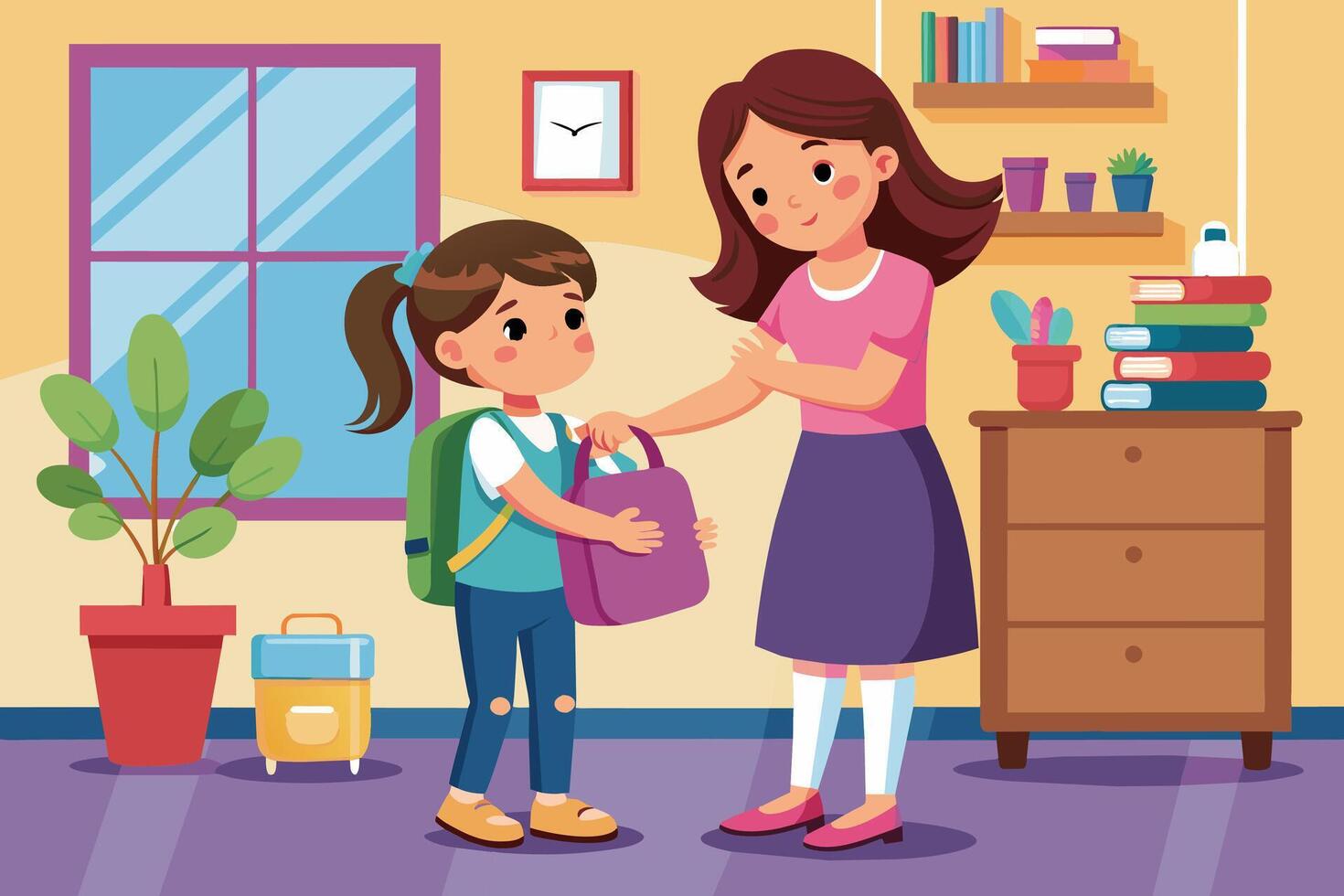A mother is helping her daughter pack her lunchbox in the kitchen before school. vector