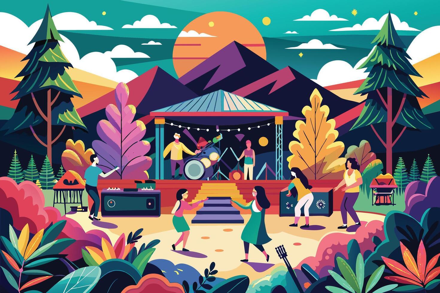 A vibrant illustration depicting a lively outdoor gathering at sunset with music playing on a stage and people dancing. vector