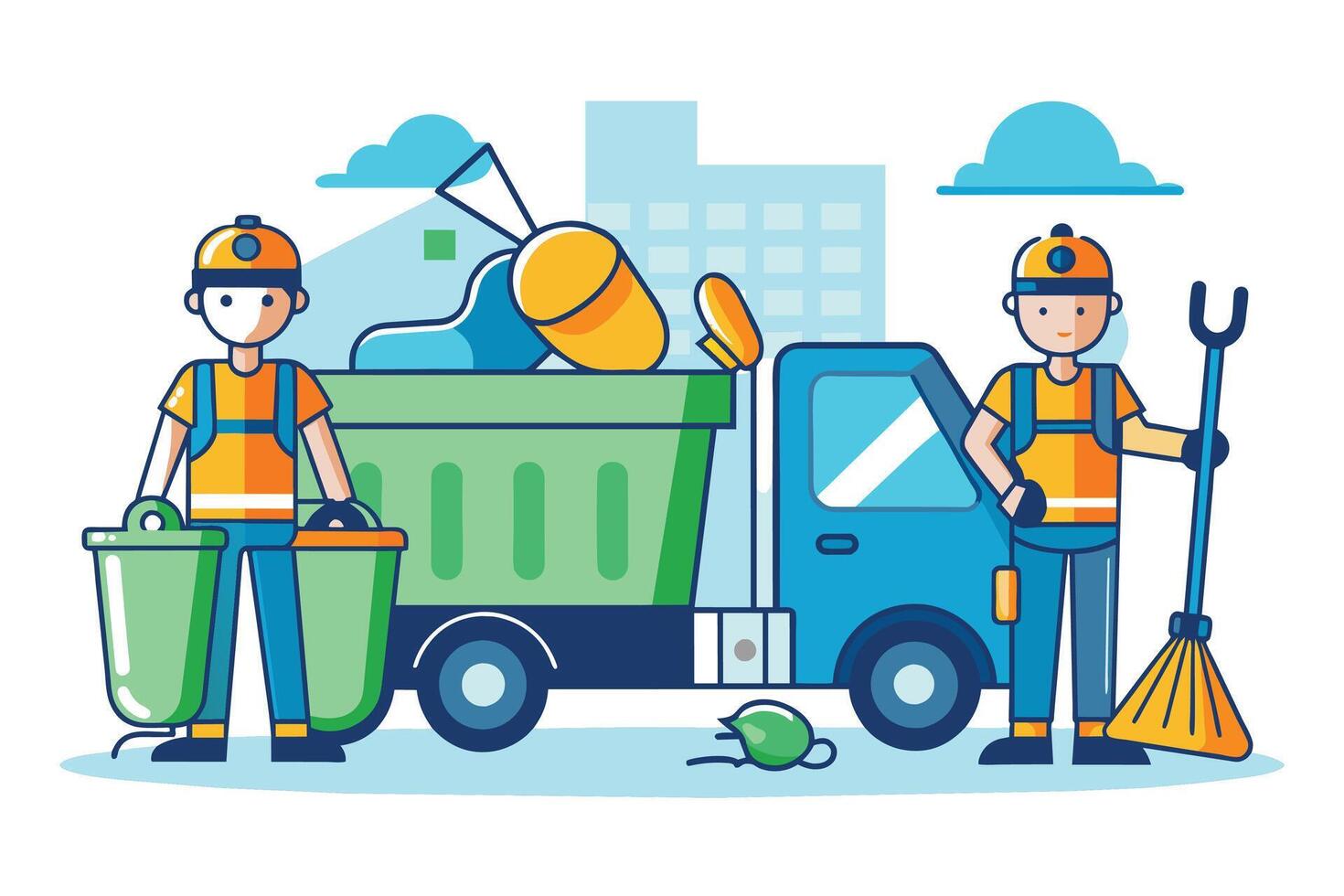 Illustration depicting two waste collection workers in yellow shirts and blue pants standing next to a blue garbage truck with green bin. vector