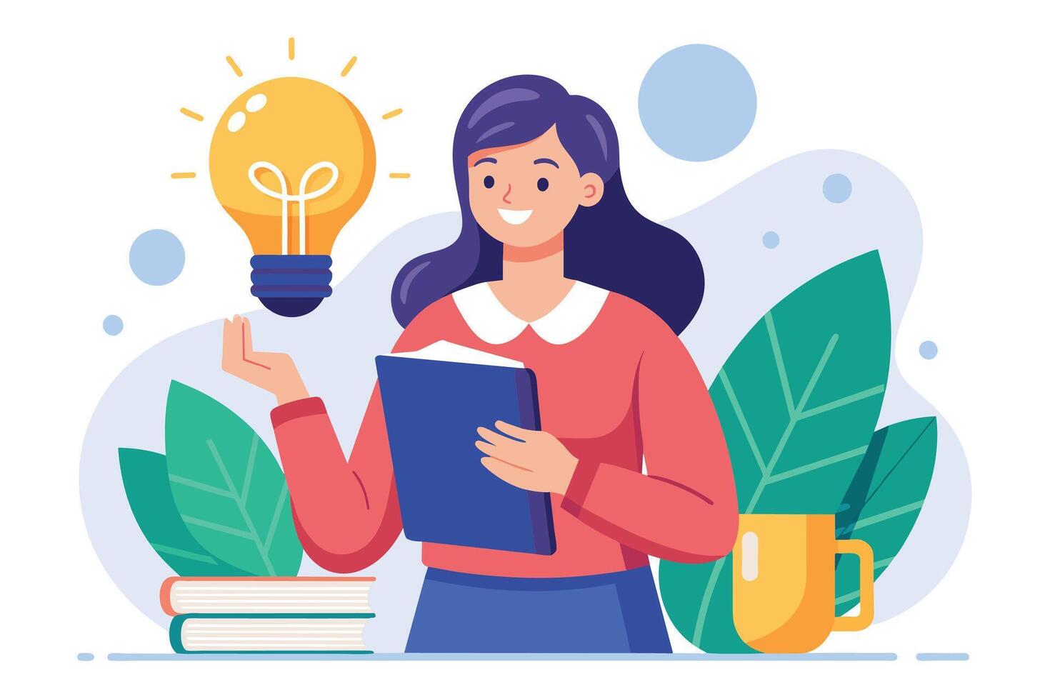 A cartoon illustration of a woman smiling as she reads a blue book with a lightbulb idea above her head. vector