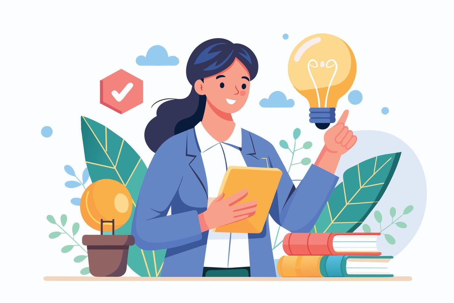 Illustration of a woman in a blue suit holding a tablet and pointing to a lightbulb. The lightbulb is glowing with a yellow light and has a checkmark in the background. vector