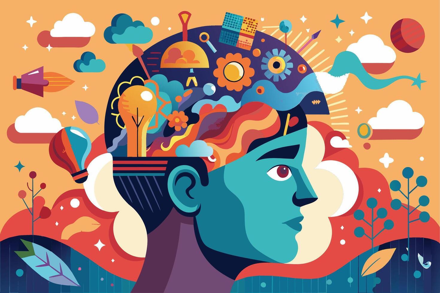 An abstract illustration of a persons head filled with creative ideas and inspiration, with a colorful and dynamic design. vector