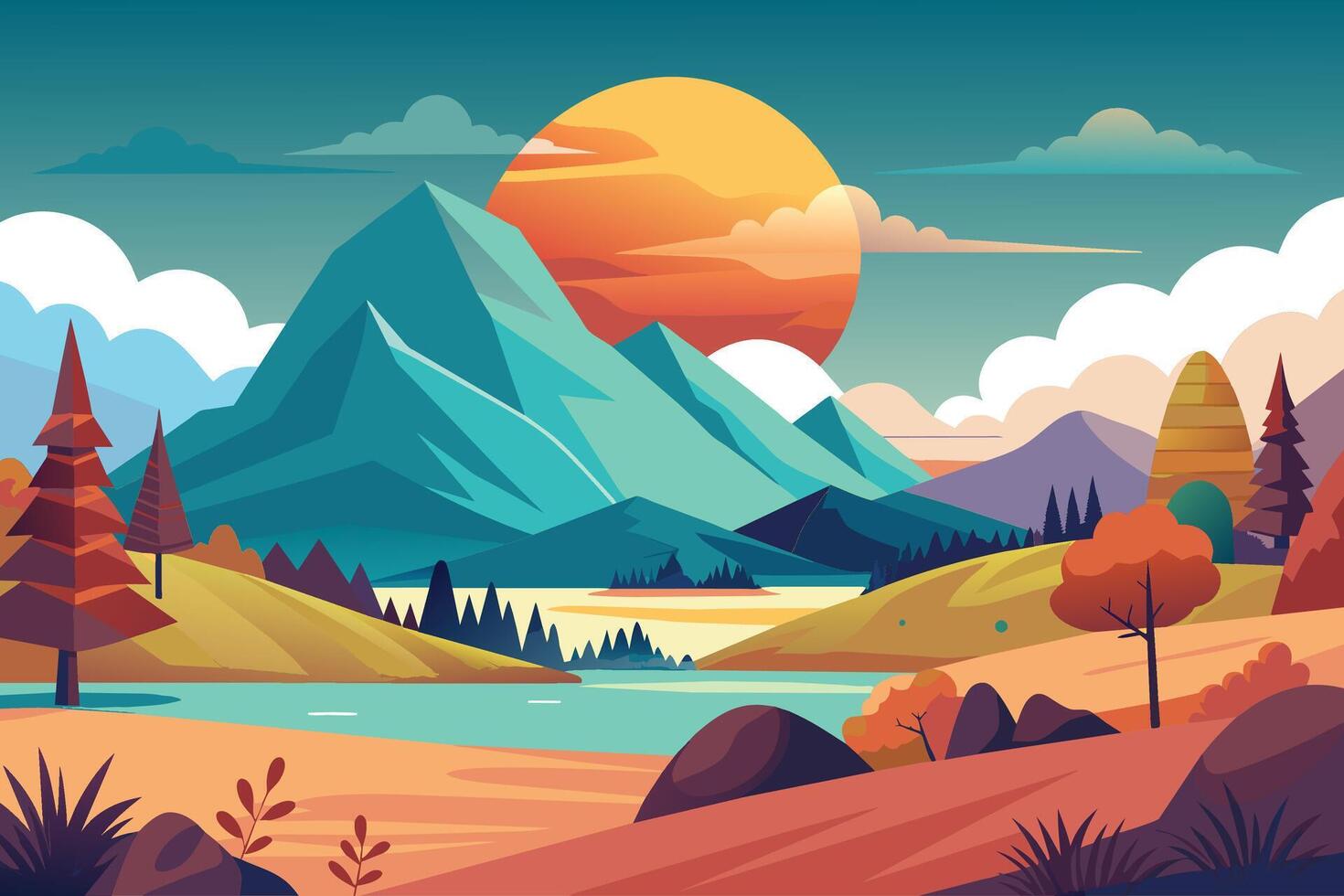 A peaceful illustration of a mountain landscape with a river flowing through it. The sun is setting in the background, casting a warm glow over the scene. vector