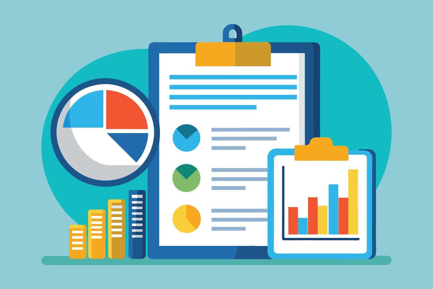 A graphic representation of data analysis with multiple charts, graphs, and a checklist on clipboards. vector