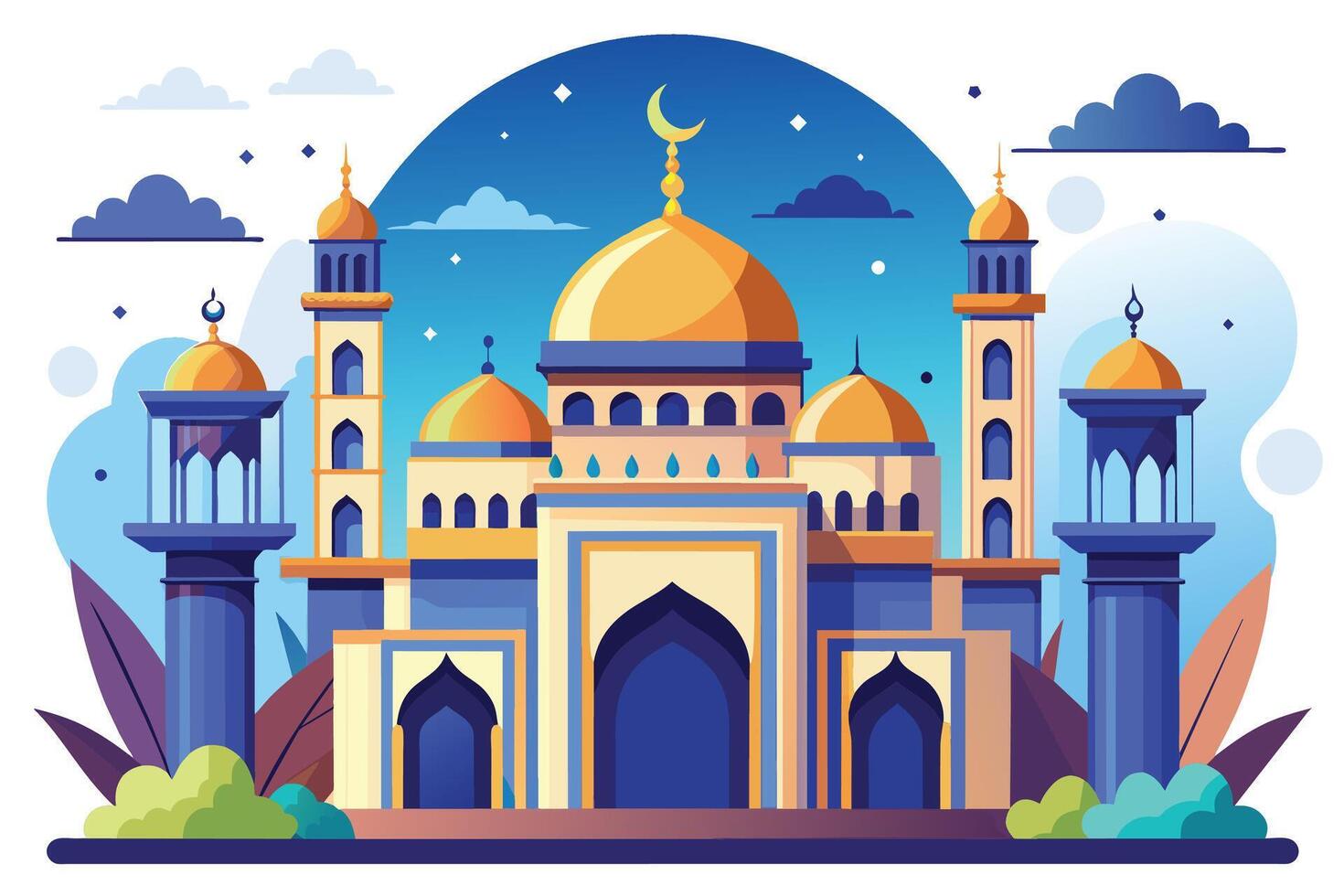 An illustration of a mosque with golden domes and minarets, set against a backdrop of a starry night sky. The mosque is adorned with intricate details, and the minarets reach high into the sky. vector