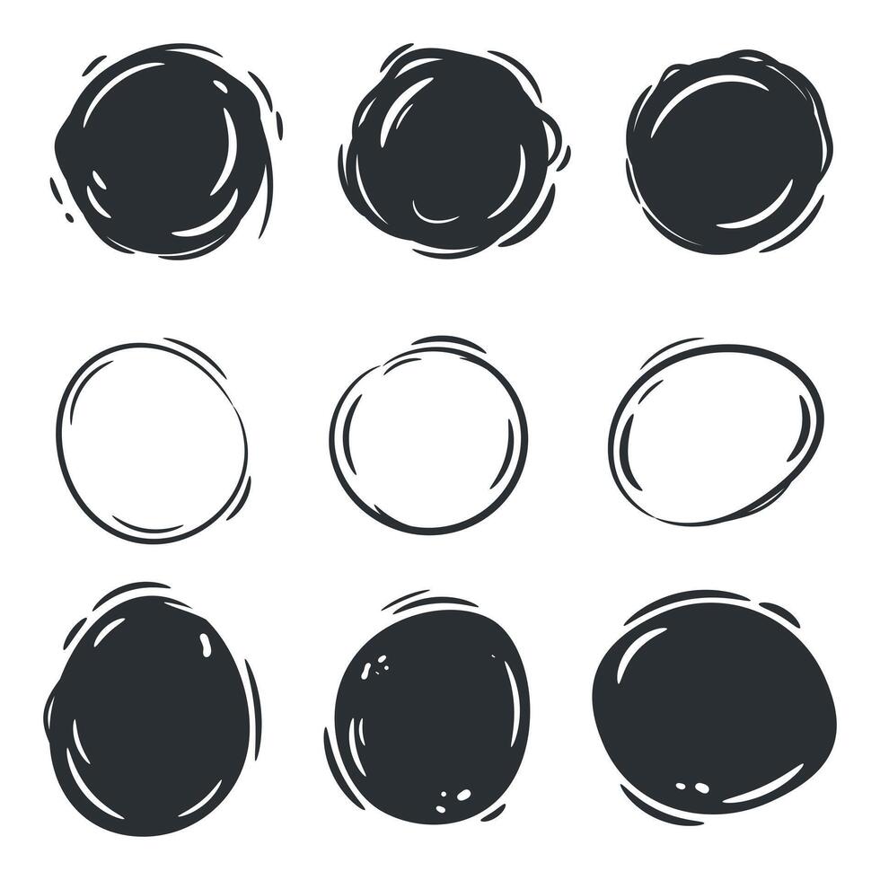 Hand drawn rounded brush stroke. Doodle circle shape paint brush design elements vector
