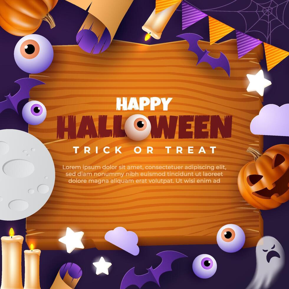 Halloween card with square wooden planks and flat holiday icons on orange background. Place for your text. vector